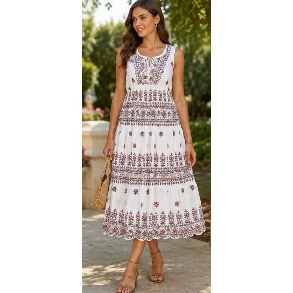 LapoGee Worldover Maxi Dress Womens Size L White Boho Floral Sleeveless tiered